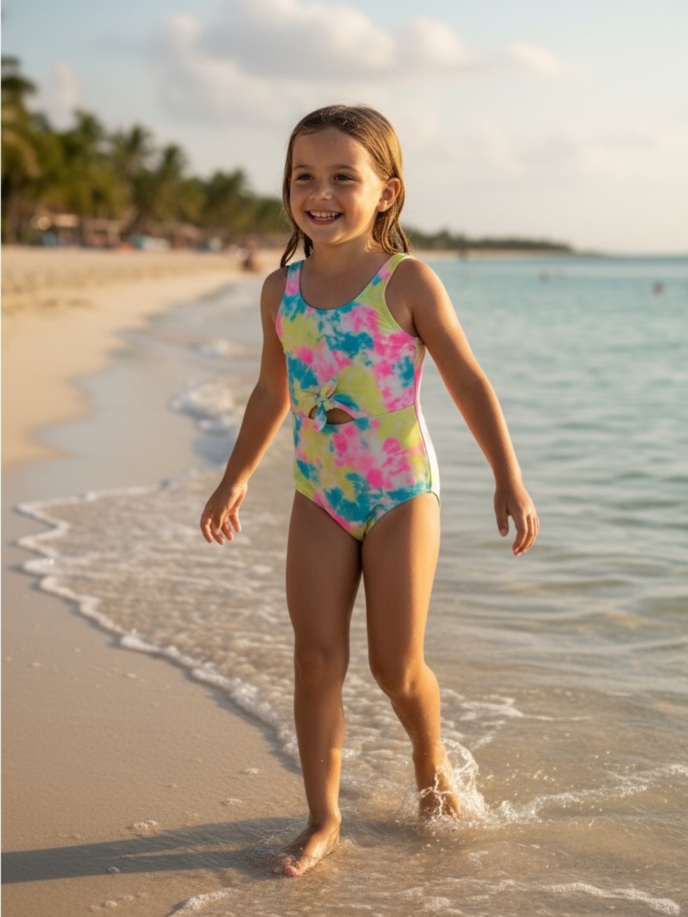 Angel Beach Girls' Tie-Dye One-Piece Swimsuit in Pink, Yellow & Blue